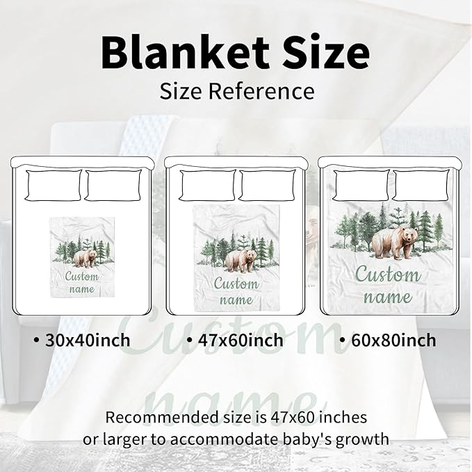 Custom Name Baby Receiving Blanket – Cozy Flannel with Double-Layer Dotted Backing – Bear in Forest Theme for Newborns and Toddlers