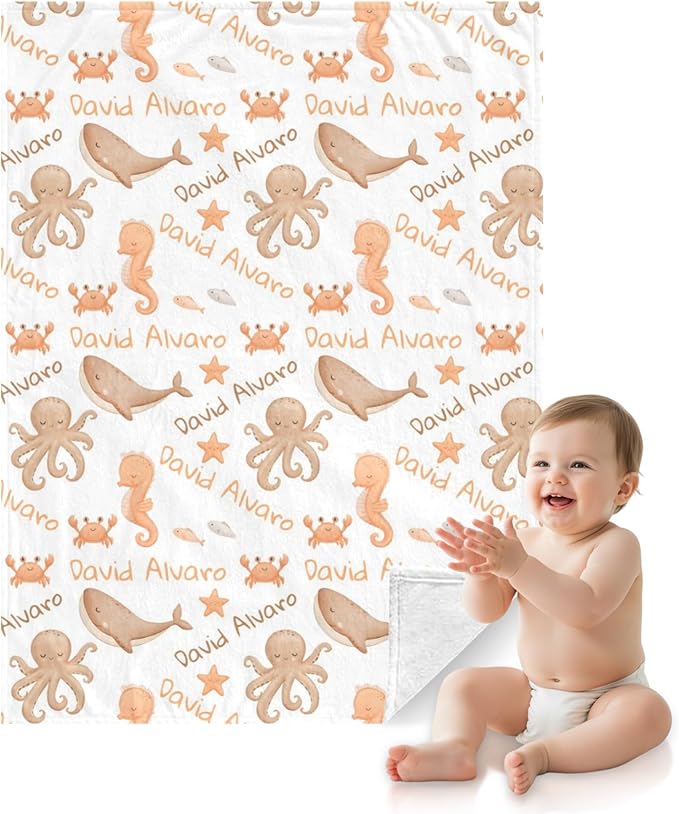 Ship Next Day Personalized Baby Blanket, Printed in USA - Custom Name Toddler Blanket with Ocean Pattern, Personalized