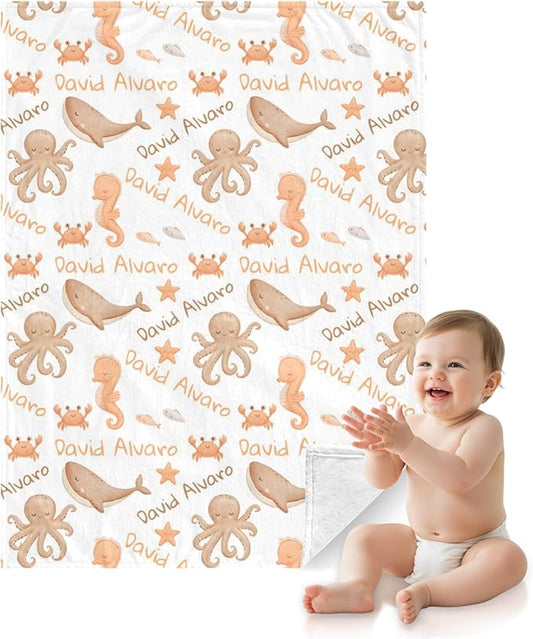 Ship Next Day Personalized Baby Blanket, Printed in USA - Custom Name Toddler Blanket with Ocean Pattern, Personalized