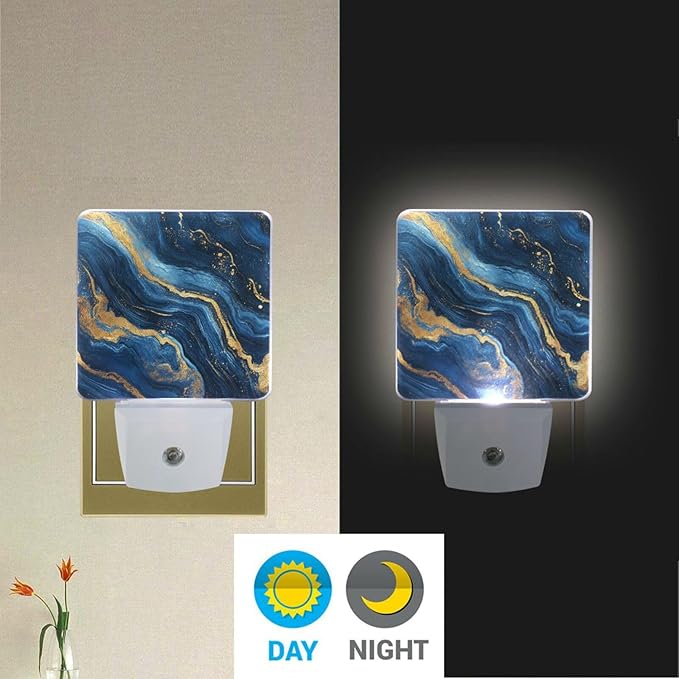 Aslsiy Night Light for Kids Blue Marble Gold Glitter (4) Plug in Wall Lamp LED Dusk to Dawn Sensor Energy Saving Nightlight for Boys Girls Men Women