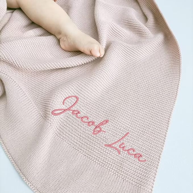 Luxury Personalized Name Knitted Baby Blanket -Embroidered, Soft Breathable Cotton Knit for Newborns - Valentine's Gift for New Moms, Baby Boy Girl Birthday Christmas.