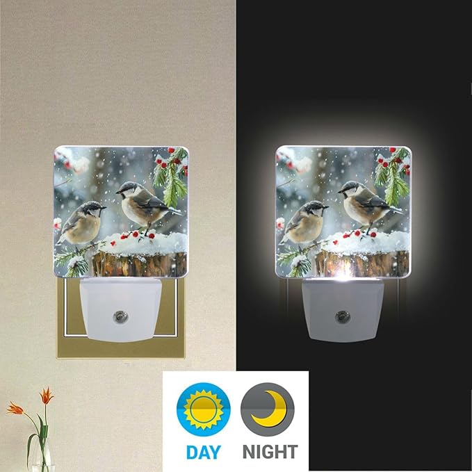 Aslsiy Night Light for Kids Winter Birds Snowy Day Plug in Wall Lamp LED Dusk to Dawn Sensor Energy Saving Nightlight for Boys Girls Men Women