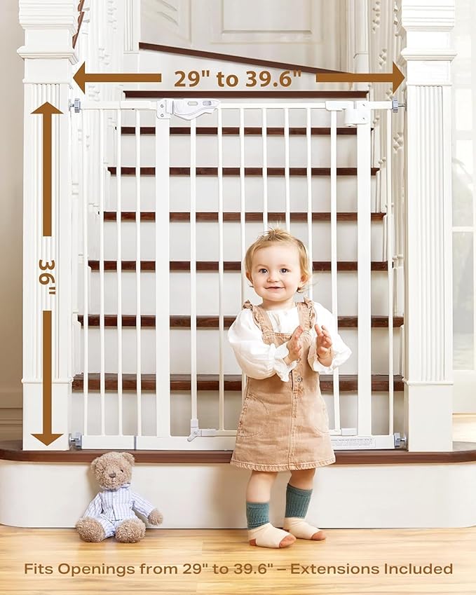 InnoTruth 29-39.6”Baby Gate for Stairs,36" Extra Tall Dog Gate for The House,Dual-Lock Safety and One Hand Opening Design,Kid Gate for Doorways,Kitchen,Room,Wall-Friendly Pressure Mounted, Pure White
