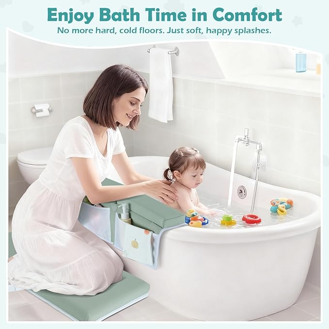 Baby Bath Kneeler and Elbow Rest Pad Set, 1.5 Inch Thick Memory Foam Soft Bath Kneeler with Bath Toys Organizer, Non-Slip, Quick-Dry, Foldable Kneeling Mat, Ideal Gift for Parents