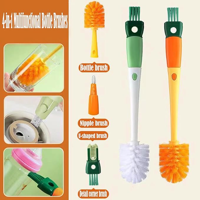 Multi-Role Bottle Brush, Long Handle Bottle Brush Cleaner, Flexible Scrub Brush for Water Bottles, Glasswares, Cup, Safe On Multiple Types of Vacuum Cup, Baby Bottles, Vases 2Pcs (4-in-1)