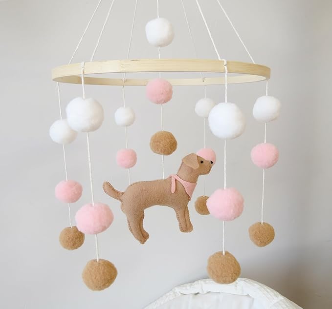 Baby Crib Mobile for Girls Boys Dog Theme Baby Mobile for Crib Mobile for Bassinet with Felt Ball, Pink