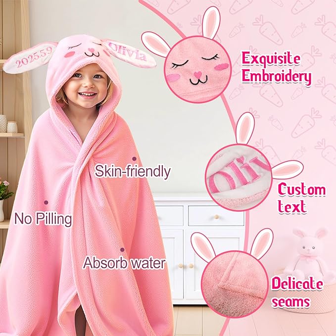 Custom Hooded Bath Towel with Name, Personalized Highly Absorbent Bunny Towels, Baby Bath Towels for Girls Boys, Brithday for Baby, Toddler, Newborn (Pink-Bunny)