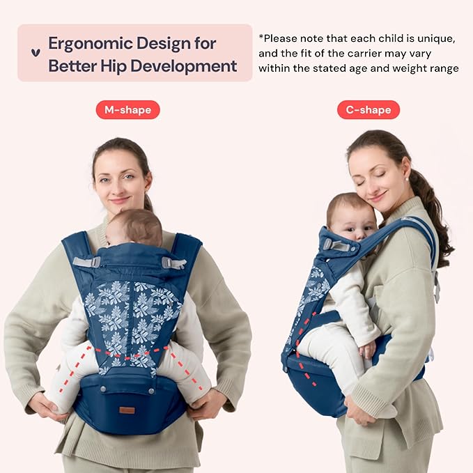 BabbleRoo Grow Carrier – Safety-Certified 6-in-1 Baby Carrier with Hip Seat, Ergonomic & Adjustable Toddler Carrier 7-50 lbs with Hip Support, Hood for Sun Protection, Newborn to Toddler, Denim Leaves