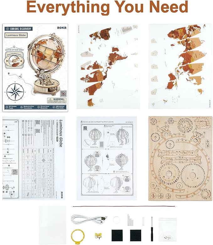 ROKR 3D Wooden Puzzles for Adults Illuminated Globe with Stand 180pcs 3D Puzzles Built-in LED Model Kit Hobby Gifts for Adults Home Decor