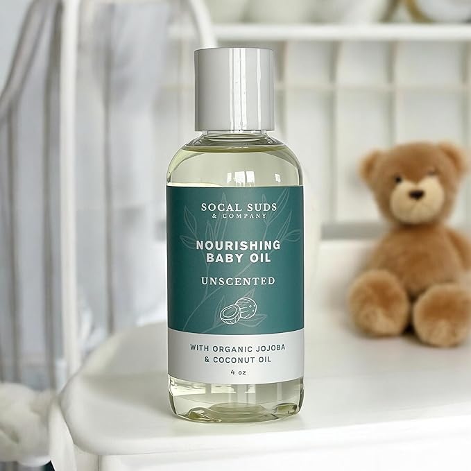 SoCal Suds & Company -Natural & Organic Baby Oil -Newborn Essentials -Gentle Moisturizing Nourishing Oil for Delicate Tender Skin -Vitamin-Enriched with Jojoba and Sunflower Oils - Fragrance Free, 4oz