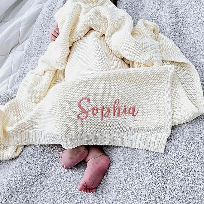 Luxury Personalized Name Knitted Baby Blanket -Embroidered, Soft Breathable Cotton Knit for Newborns - Valentine's Gift for New Moms, Baby Boy, Girl Birthday Christmas.