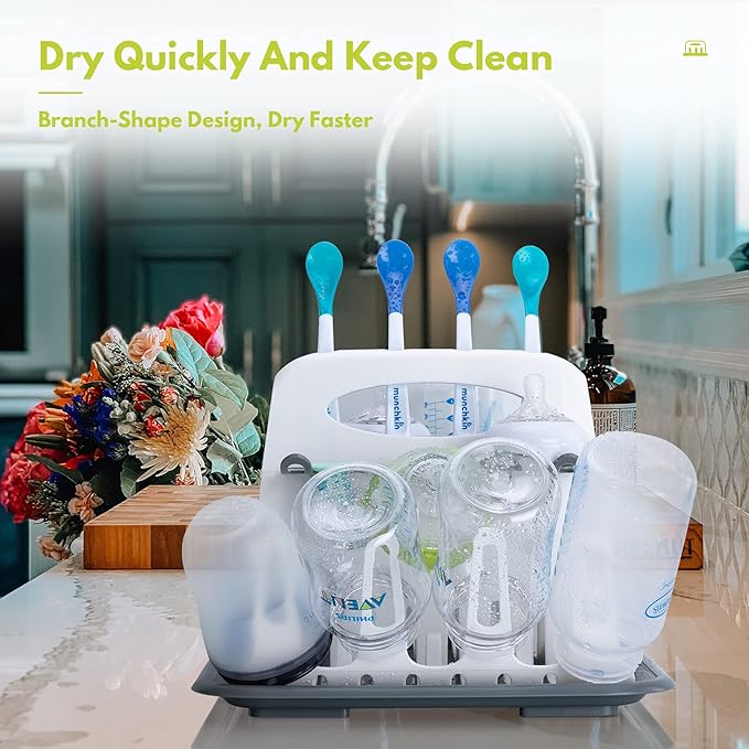 High Capacity Drying Rack with 5pcs Brushes, Deluxe Countertop Drying Rack, Universal Drying Station, Baby Bottle Drying Rack with Bottle Brushes, White