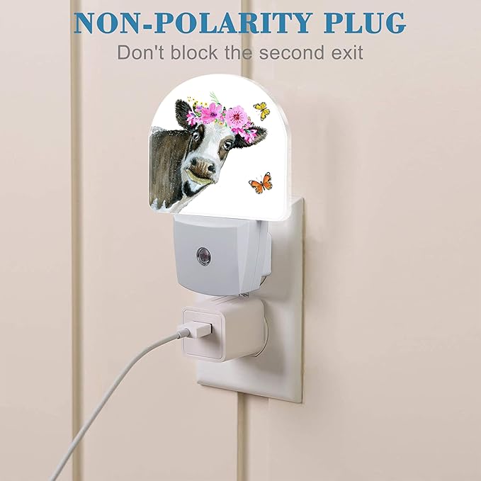 Night Light Plug into Wall Watercolor Cow with Wreath Dusk to Dawn Sensor for Kid Girls Boys Women Men Room Decor, Hallway, Kitchen, Bathroom, Nursery, Stairs