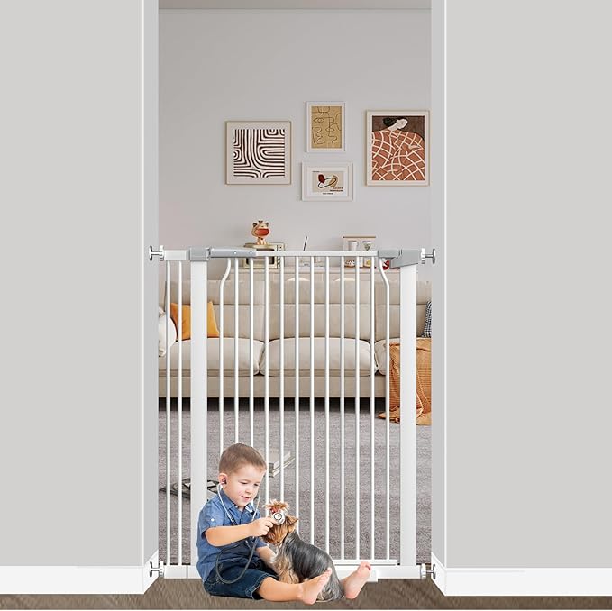 40.55" Extra Tall Baby Gate for Stairs-29.6"-34" Wide 1.37" Ultra Narrow Spacing Extra Wide Pet Cat Gate Dog Gate-Auto-Close Pressure Mounted Dog Door for Pets and Kids,White