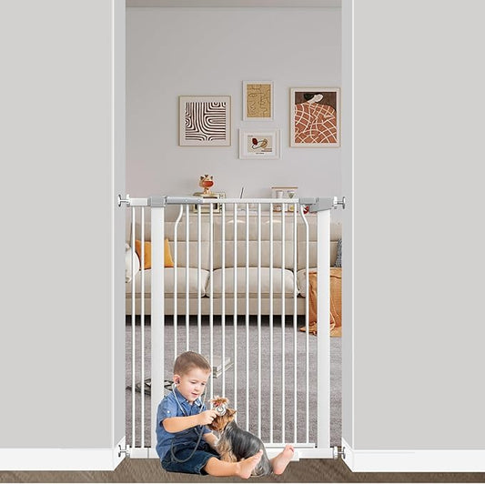 40.55" Extra Tall Baby Gate for Stairs-29.6"-34" Wide 1.37" Ultra Narrow Spacing Extra Wide Pet Cat Gate Dog Gate-Auto-Close Pressure Mounted Dog Door for Pets and Kids,White