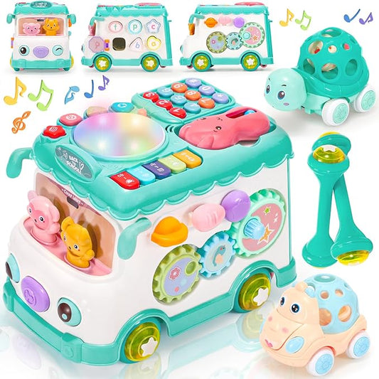 Baby Gift for 1-2 Year Old Girl, 10-in-1 Montessori Toys Bus for Baby 6-12-18 Months+, First Christmas and Birthday Gifts, Blue Educational Musical Sensory Learning Toddler Toys Age 1-2