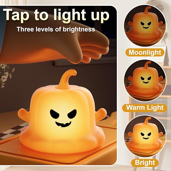 Dealswin Pumpkin Night Light for Kids, Halloween Decor Cute Silicone LED Lamp with Magnetic Base, 3 Brightness Levels & Timer Nursery Nightlight Rechargeable Bedside Touch Lamp for Breastfeeding