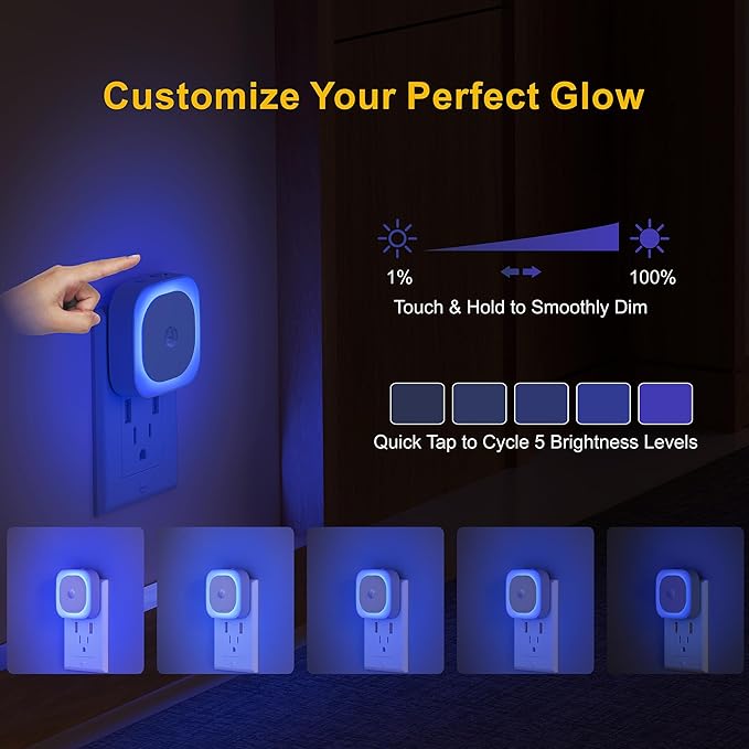 2 Pack Plug in Night Light with Motion Sensor & Dusk to Dawn Sensor, 3 Sensor Modes, Blue Night Lights Plug into Wall, Dimmable Nightlight for Bathroom, Bedroom, Indoor