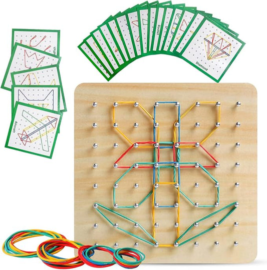 Wooden Geoboard with Rubber Bands Graphical Math Pattern Blocks Geo Board - Montessori Educational Toy for Kids with Pattern Cards and Rubber Bands Create Figures Shape STEM Puzzle Matrix Brain Teaser