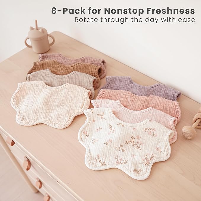 Konssy Muslin Baby Bibs 8 Pack, 100% Cotton Absorbent Bandana Drool Bibs for Teething and Drooling for Unisex Boys and Girls