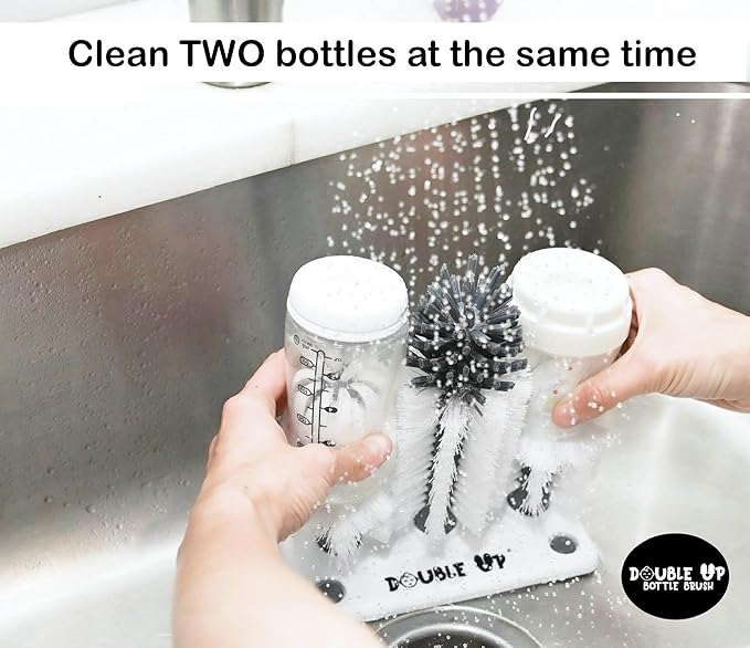 Double Baby Bottle Cleaning Brush Set with Suction Base - Cleans Two Bottles at Once - Includes Nipple Cleaner Brush - High Density Bristles, Dishwasher Safe - Baby Gift & Newborn Essential