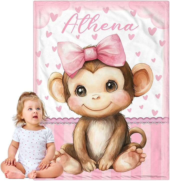 Personalized Baby Blanket for Girls, Custom Baby Blanket with Name, Soft Cozy Personalized Name Blankets for Kids, Customized Monkey Blanket for Infant Toddler Birthday Christmas