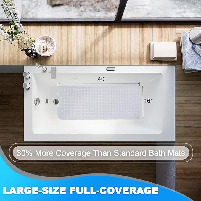 Linoows Bathtub and Shower Mats, 40x16 Inch Extra Large Non Slip Soft Bath Tub Mat with Suction Cups and Drain Holes for Bathroom Floor and Keep Tubs Clean, Machine Washable, White