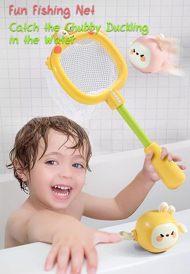 Adorable Frog Fishing Net Toy with 1 Wind-up Duck, 1 Windup Rabbit, Shark Storage Box for Kids Bath Time Fun, Perfect for Babies and Toddlers (Green)