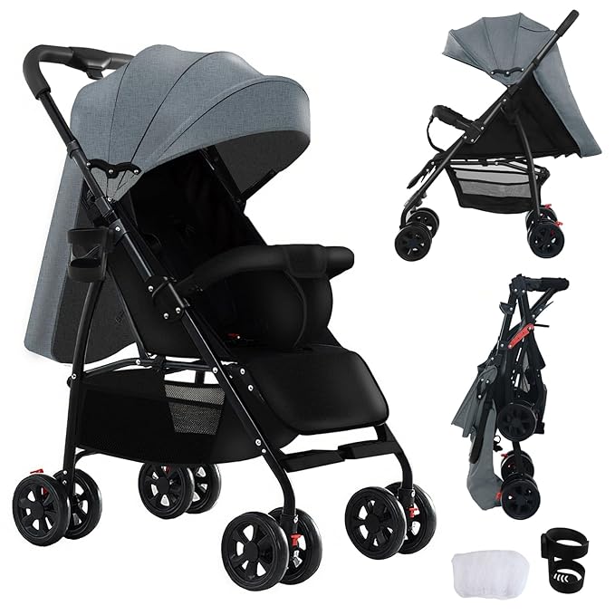 Ultra-Lightweight Stroller at Only 4.6kg, Foldable Compact Pushchair with Lie-Flat Position, Travel Pram from Birth to 40kg, Baby Buggy with Adjustable Backrest, Footrest, Canopy (A8 Grey)