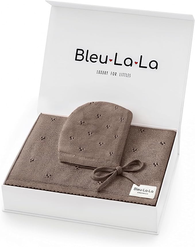 Organic Pointelle Receiving Swaddle Blanket for Girls - 100% Luxury Organic Soft Cotton Knit Warm Cozy Cuddle Stroller Crib Blanket for Newborns Infants & Toddlers (Mocha + Hat)