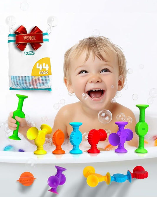 BUNMO Stocking Stuffers for Kids - Toddler Suction Bath Toys - Connect, Build, Create - Toddler Stocking Stuffers - Fine Motor Skills - Stimulating Sensory Fun - Textured 44 Pack