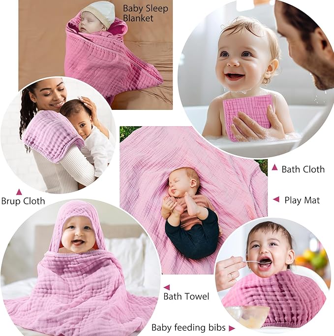 VitalCozy 6 Pcs Baby Muslin Hooded Bath Towels and Washcloths, 32 x 32 Inch Muslin Cotton Hooded Baby Towels Absorbent Hooded Blankets for Gift Newborn Infant Shower (Rose Red,Pink)