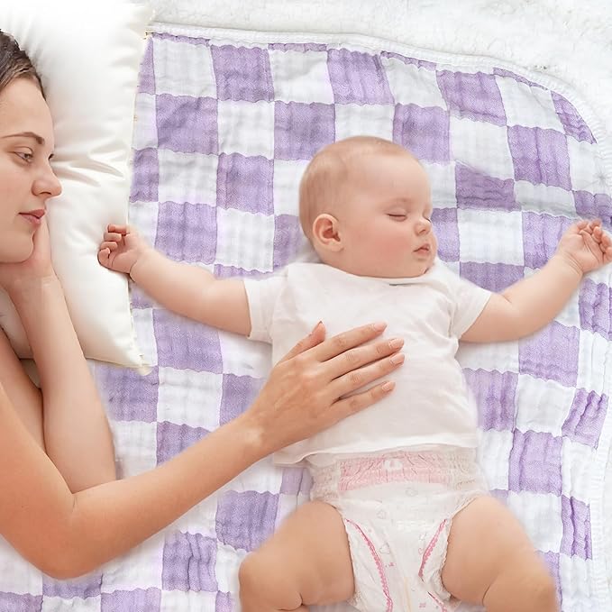 Muslin Swaddle Blankets, Ultra Soft Checkered Receiving Blankets for Baby Boys and Girls, 43 x 43 Inches Baby Swaddle Neutral Wrap 70% Cotton and 30% Rayon Purple