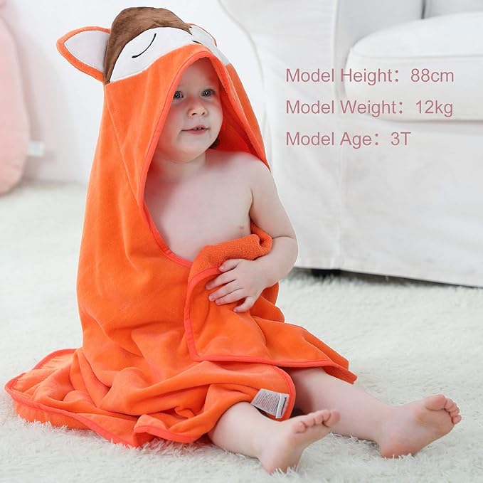 MICHLEY Animal Hooded Baby Towel Washcloth, Toddler Premium Cotton Absorbent Bathrobe for Girls Boys 0-6T (Fox)