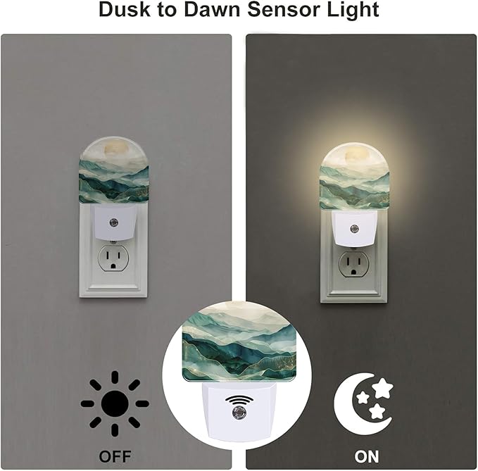 Golden Mountains with Sun Night Light for Kids,Watercolor Sunrise Mountain Night Light Plug in with Dusk to Dawn Sensor,0.5w Energy Saving Nightlight for Hallway Stairway Kitchen Bedroom
