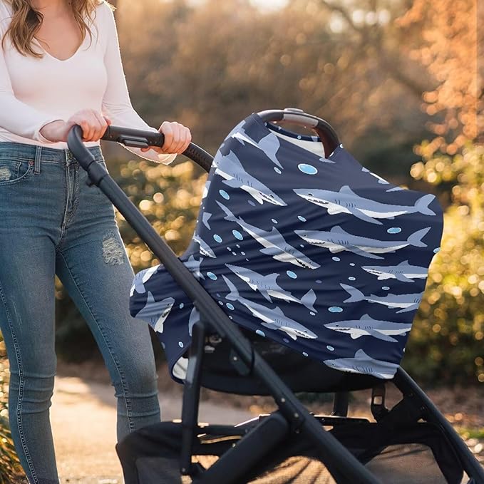Binienty Cartoon Shark Print Car Seat Canopies for Baby Boys Girls, Women's Light Soft Nursing Cover Breastfeeding Scarf Breathable Stroller Cover for Sun and Windy