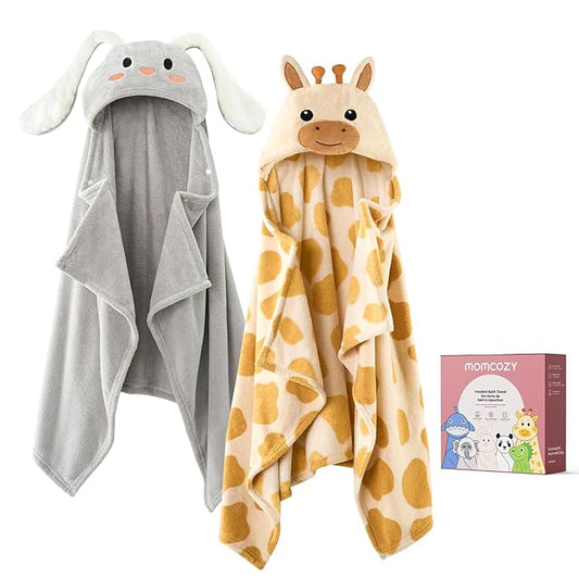 Momcozy Baby Bath Towels with Visualize Health Label - Ultra Soft & Absorbent Coral Fleece Hooded Towels for Newborn, Infant, Toddler (0-36 Months) Bath Essentials (Large Size,2 Pack)