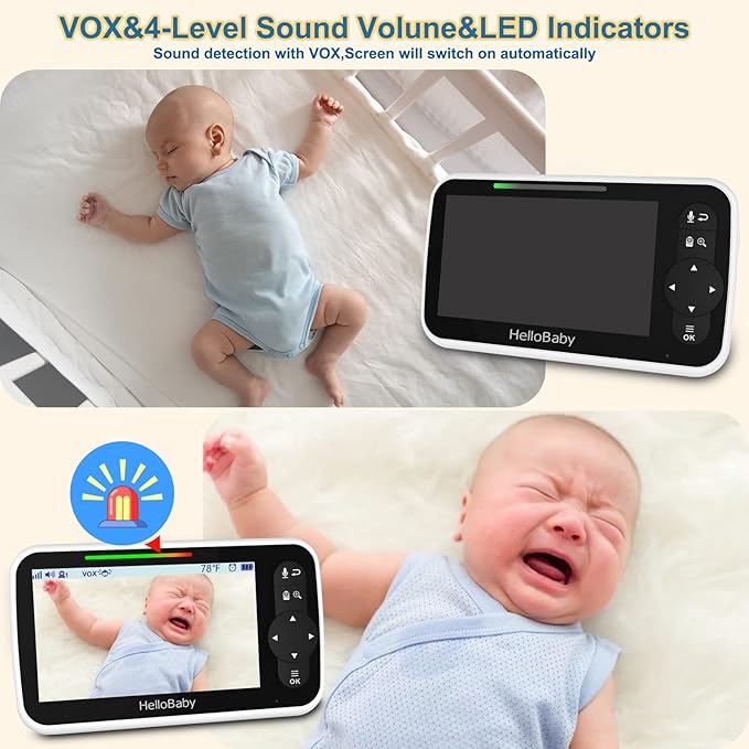 HelloBaby 5 Inch Video Baby Monitor with Camera and Audio, Remote Pan-Tilt-Zoom Camera with Night Vision, 2-Way Talk, Temperature, 8 Lullabies and 1000ft Range Baby Monitor No WiFi Needed