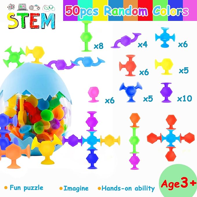 50pcs Suction Toys Sensory Toys for Kids Ages 4-8 Boys Girls, Bath Toy for Toddlers Montessori 8 Colors Sensory Slicone Sucker Travel for Kids 3 4 5 6 7 8