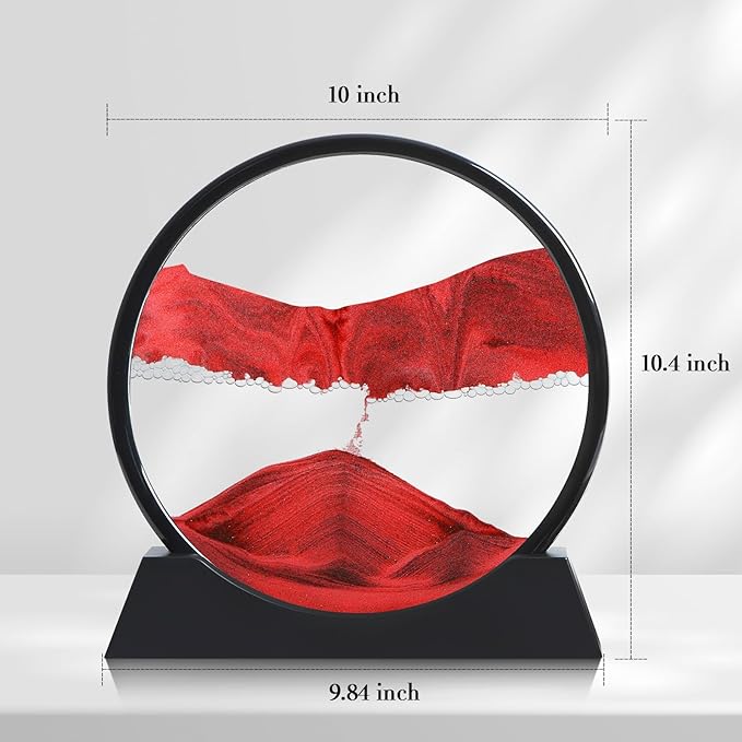 Moving Sand Art Liquid Motion, 3D Deep Sea Sandscape Color Quicksand Decor, Round Glass Moving Sand Art Picture Relaxing Desktop Home Office Work Decor (Red, 12 inch)