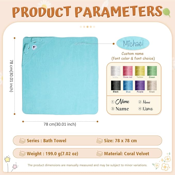 Personalized Baby Towels for Newborn Custom Embroidery Name Hooded Baby Bath Towels for Boy Girl Newborn Essentials Must Haves Shower Gift Soft Coral Velvet 30"x30" (Blue)