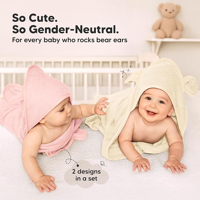 KeaBabies 2-Pack Hooded Baby Towels for Newborn - 30x30 Soft & Absorbent Viscose From Bamboo Baby Bath Towels with Hood for Infant, Toddler,Kids,Boys Girls,Newborn Bath Essentials (Rose Ivory, Petite)