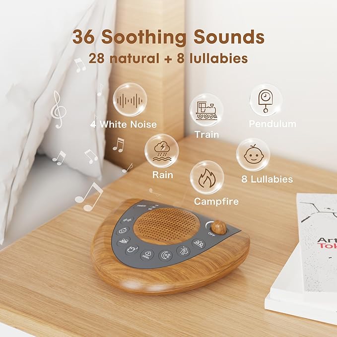 Raynic Noise Machine, Battery Powered Sound Machine, Portable Sleep Machine with 36 Natural Soothing Sounds, Timer, USB Port, Headphone Jack for Baby, Kids, Adults, Travel, Office (Yellow Wood Grain)
