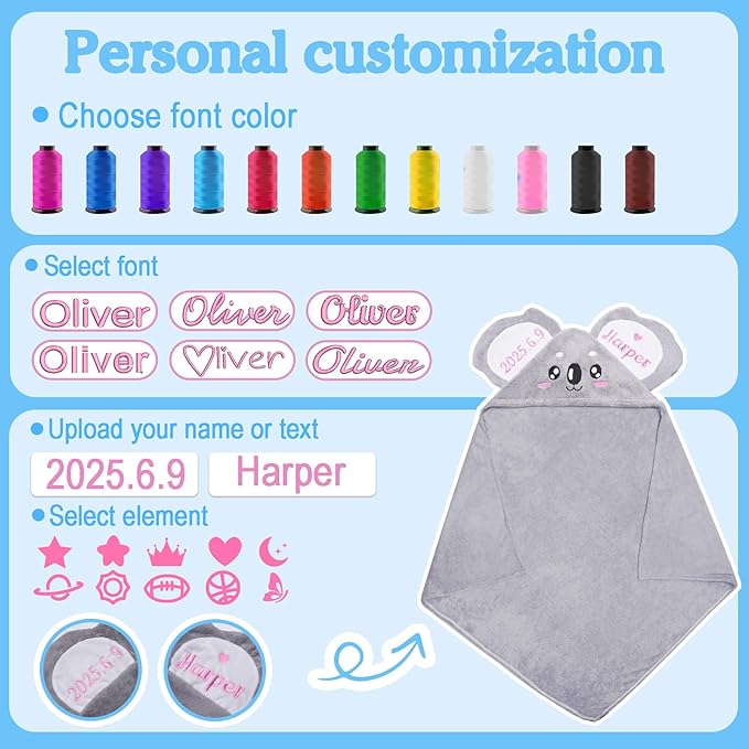 Custom Hooded Bath Towel with Name, Personalized Highly Absorbent Bunny Towels, Baby Bath Towels for Girls Boys, Brithday for Baby, Toddler, Newborn (Koala-Grey)