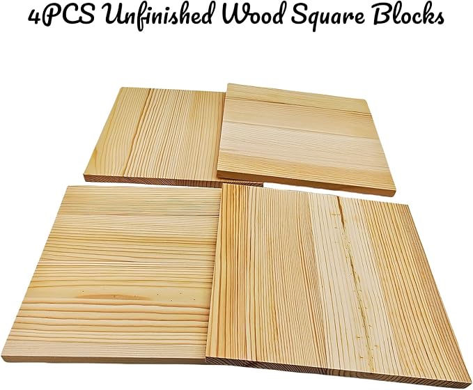 4PCS Unfinished Wood Square Blocks for Crafts, 7.8x7.8x0.4in Blank Wooden Squares Pine Wood Boards for Carving,DIY Wood Coasters,Painting & Burning