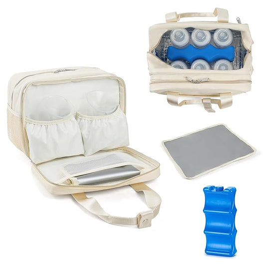 Breastmilk Cooler Bag with Ice Pack,Fits 6 Baby Bottles Up to 9 Ounce Breast Milk Cooler Travel Bag Compatible with Wearable Breast Pumps & Accessories for Nursing Mom Daycare Cream