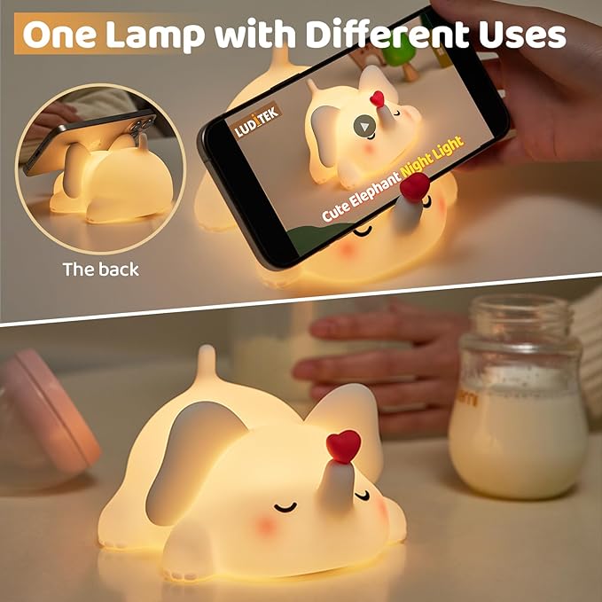 Luditek Sweet Heart Elephant Night Light, 3 Levels Brightness Silicone Rechargeable Touch Nursery Lamp, Decor for Bedroom Home Bedside, Elephant Gifts for Women Kids Baby Girls Birthday Mothers Day