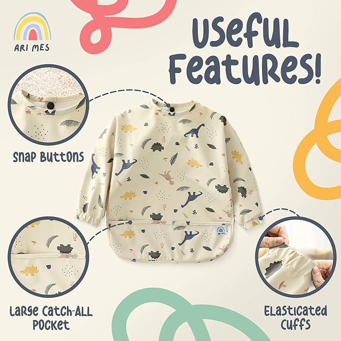 ARI MES Long Sleeves Waterproof Baby Bibs for Eating - Yellow Stripes, Small - Wearable, Coverall for Toddler, Long Sleeve Bib, Smock Apron for Feeding - Applicable for 6-72 Months