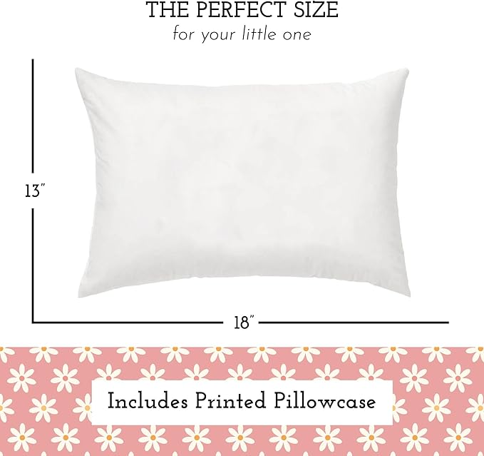 Little Sleepy Head Toddler Pillow with Pillowcase 13x18 - Kids Pillow for Sleeping - Better Neck Support Ergonomic Pillow and Toddler Pillowcase - Best Pillows for Kids (Daisies)