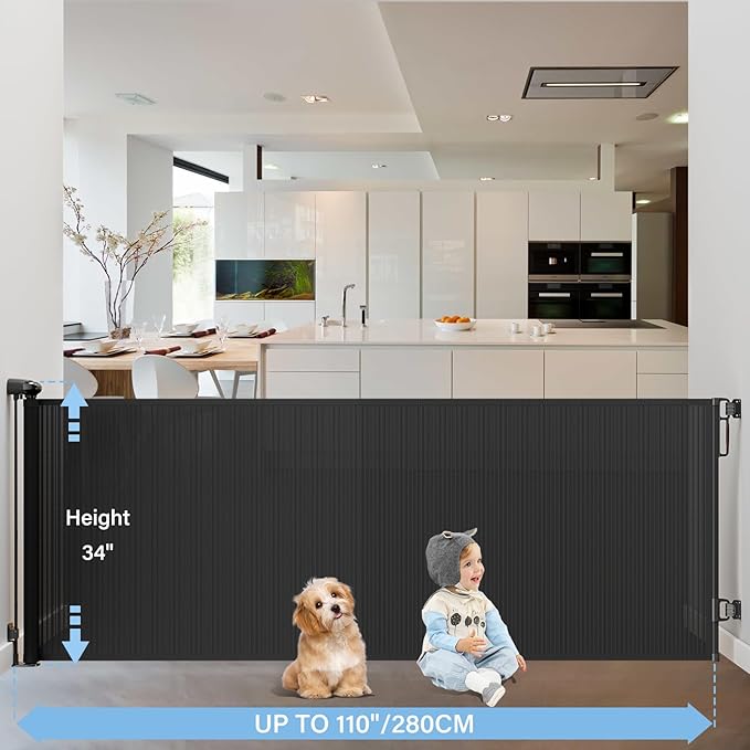 PRObebi Retractable Baby & Dog Gate - Extends to 110" Wide, 34" Tall, for Stairs, Doorways, Hallways, Outdoor, Deck, Porch